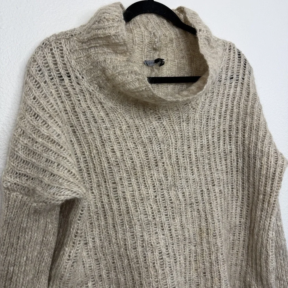 Eileen Fisher Open Knit‎ Mohair Turtleneck Mock Neck Hi Low Oatmeal Sweater Sz L